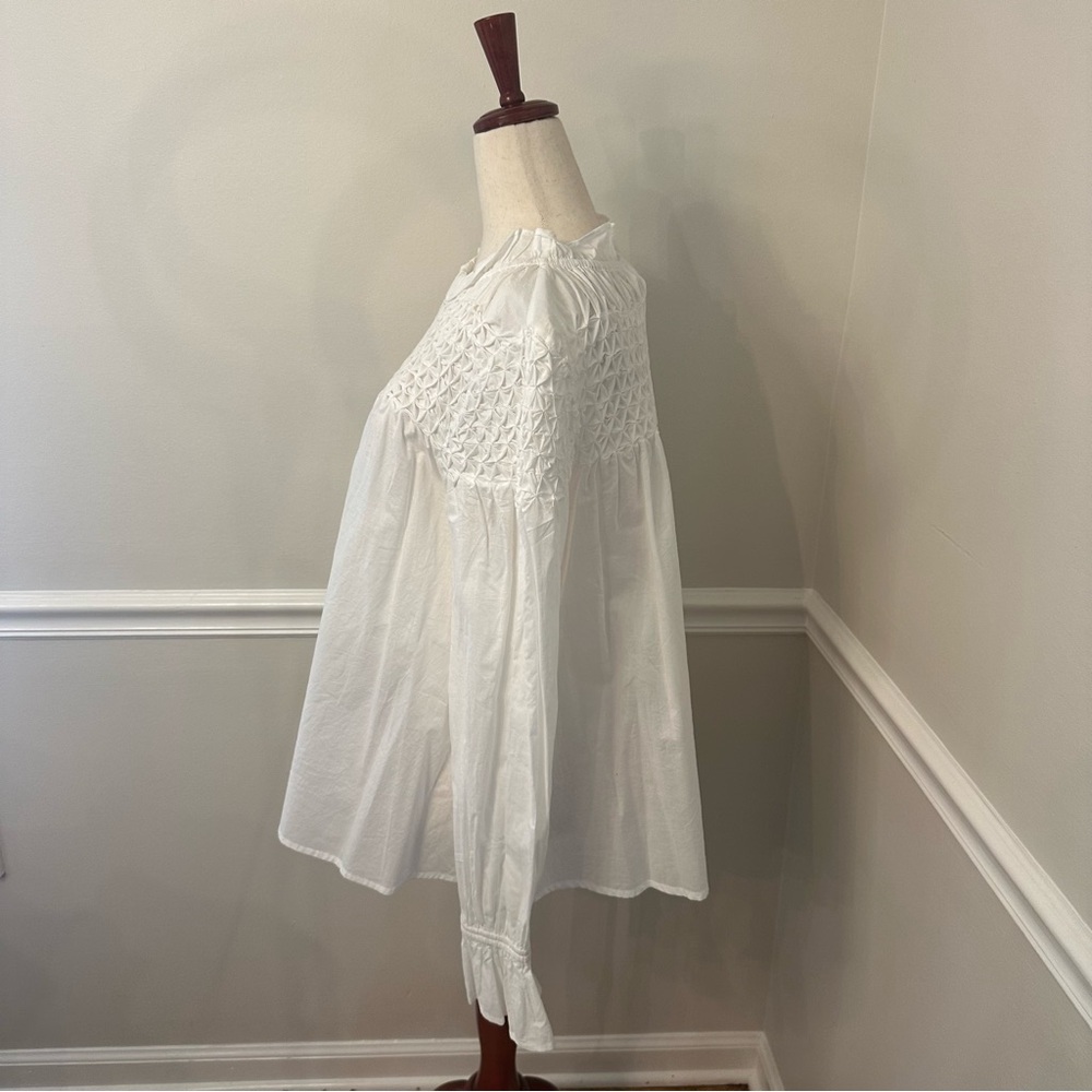 Women’s White Smocked Yoke Ruffle Blouse - Picture 3 of 6